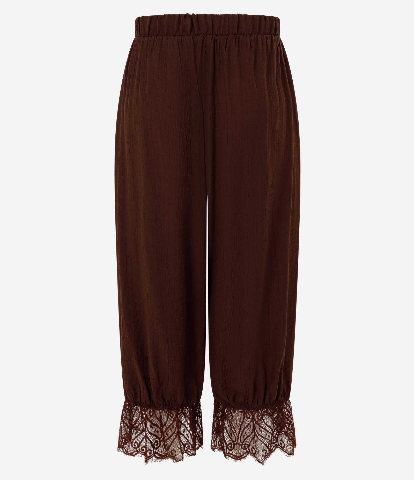 Calça Bloomer em Viscose Crinkle com Barra Rendada Marrom 7