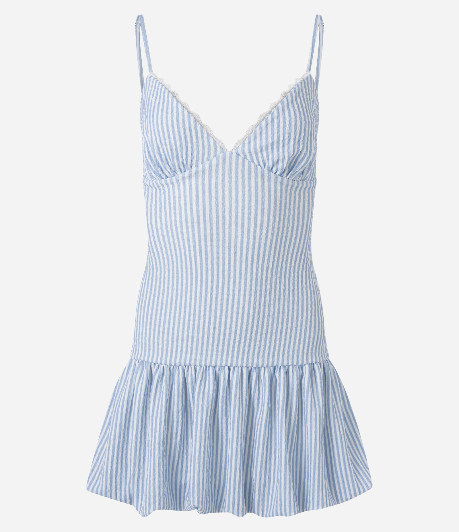 Vestido Curto Balonê Listrado em Anarruga com Renda no Decote Azul 5