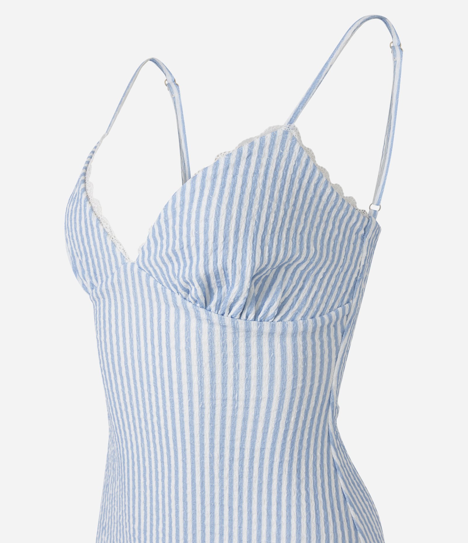 Vestido Curto Balonê Listrado em Anarruga com Renda no Decote Azul 6