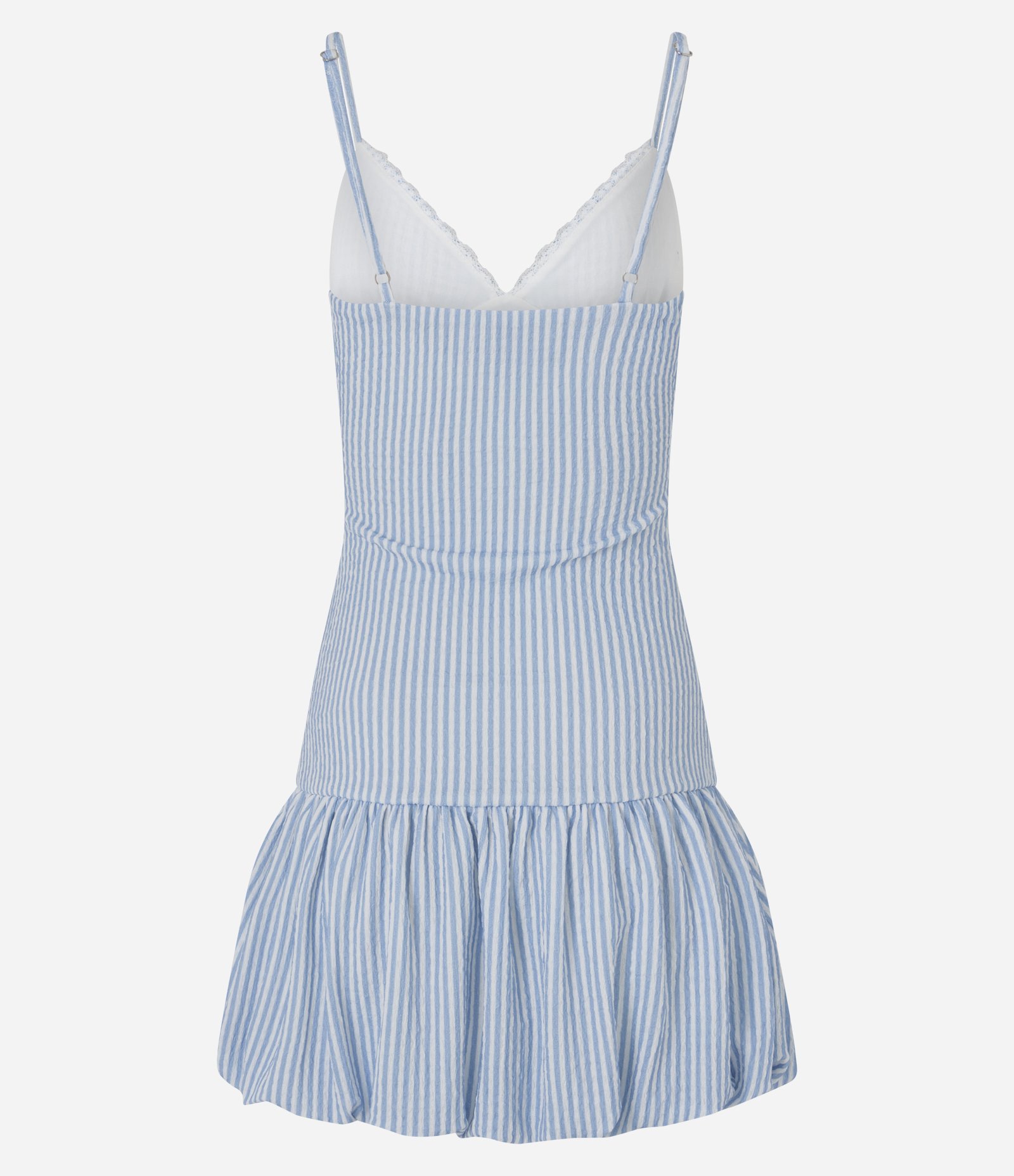 Vestido Curto Balonê Listrado em Anarruga com Renda no Decote Azul 7