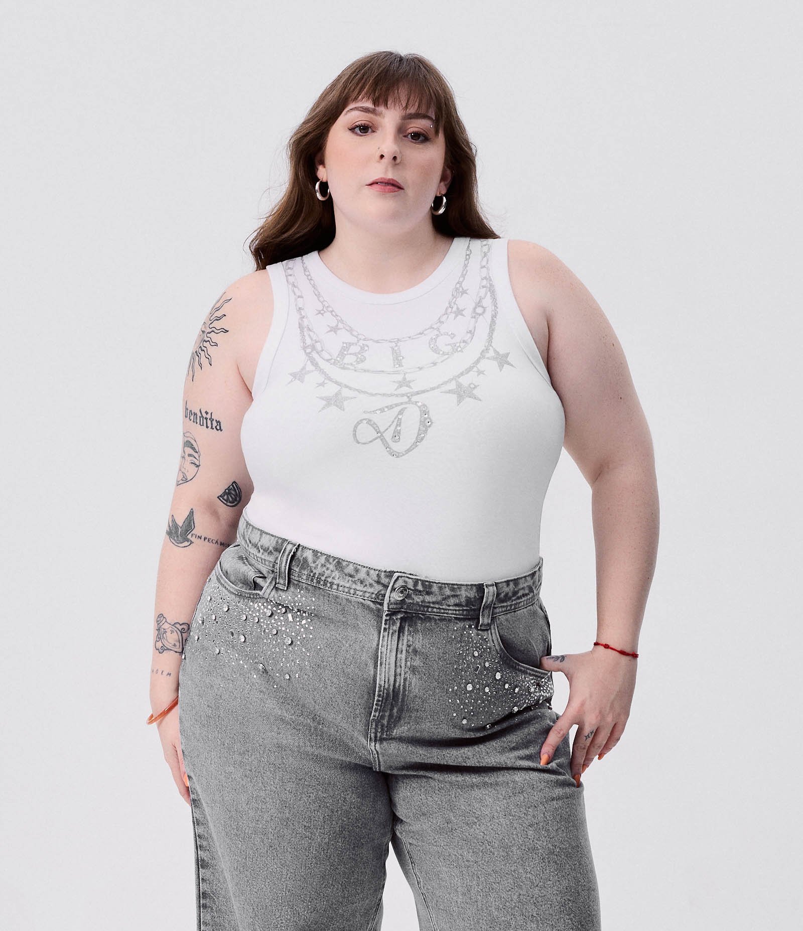 Blusa Canelada com Lettering em Strass Duquesa Curve & Plus Size Branco 1