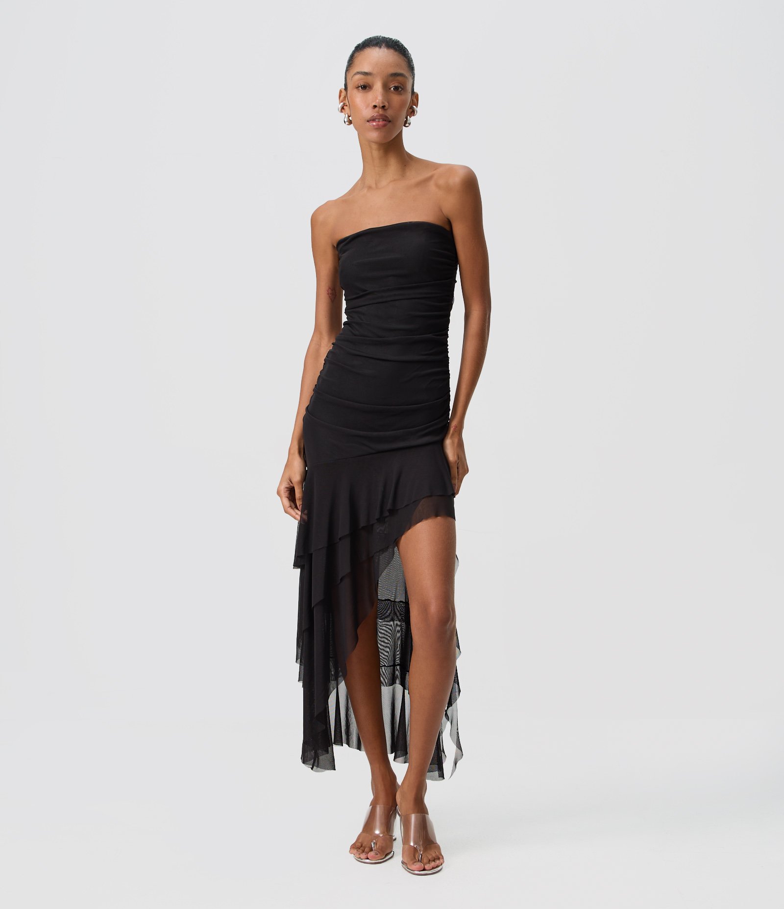 Vestido Midi em Tule com Babados Assimétricos e Barra Mullet Preto 1