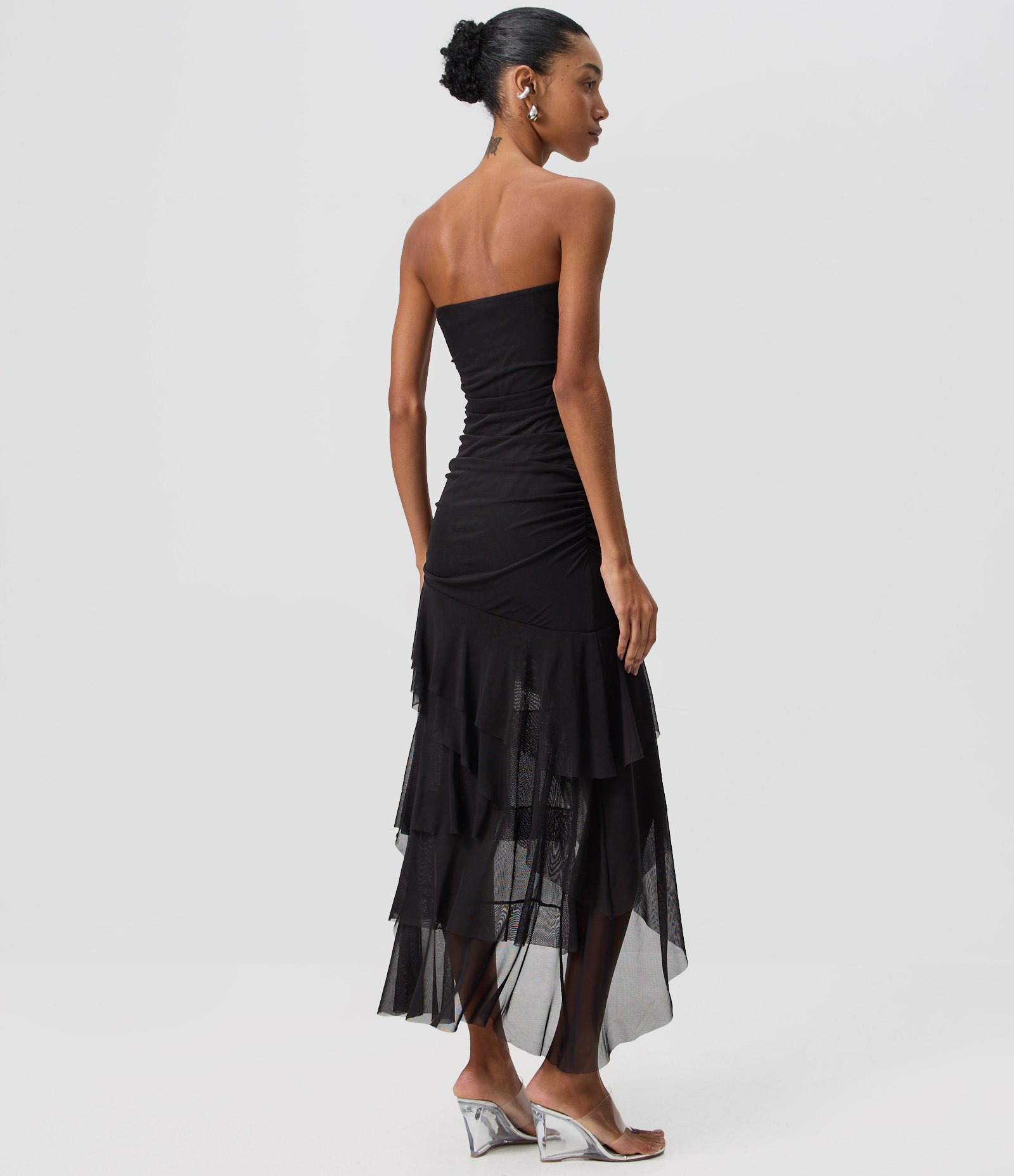 Vestido Midi em Tule com Babados Assimétricos e Barra Mullet Preto 4
