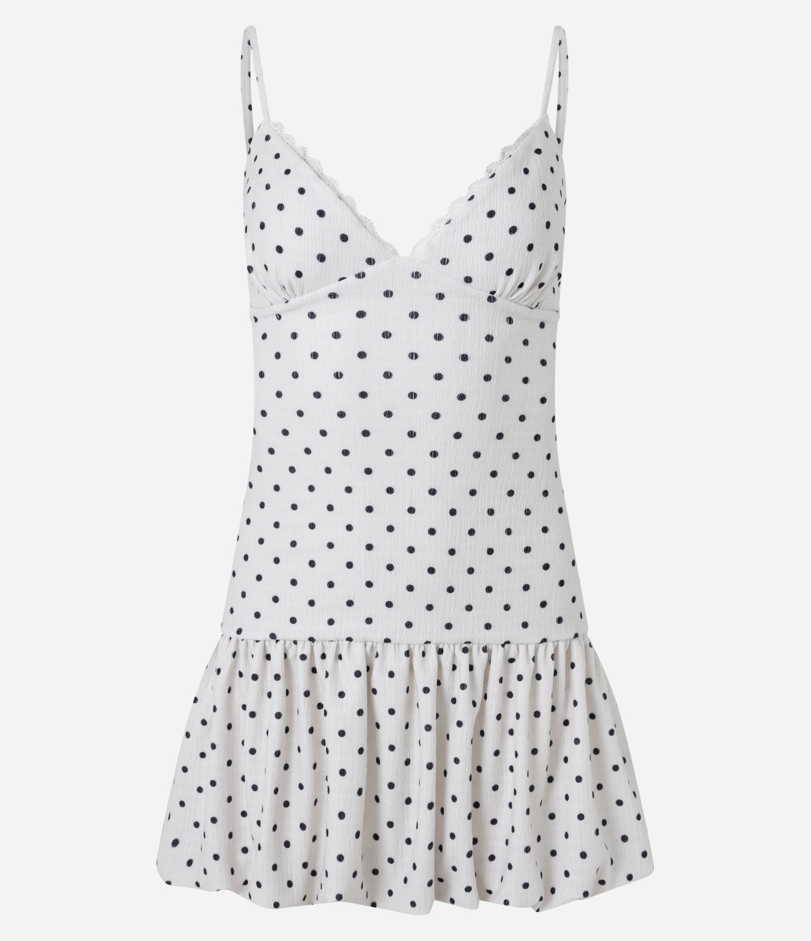 Vestido Curto Balonê de Alcinha em Anarruga com Estampa Poá Branco 4