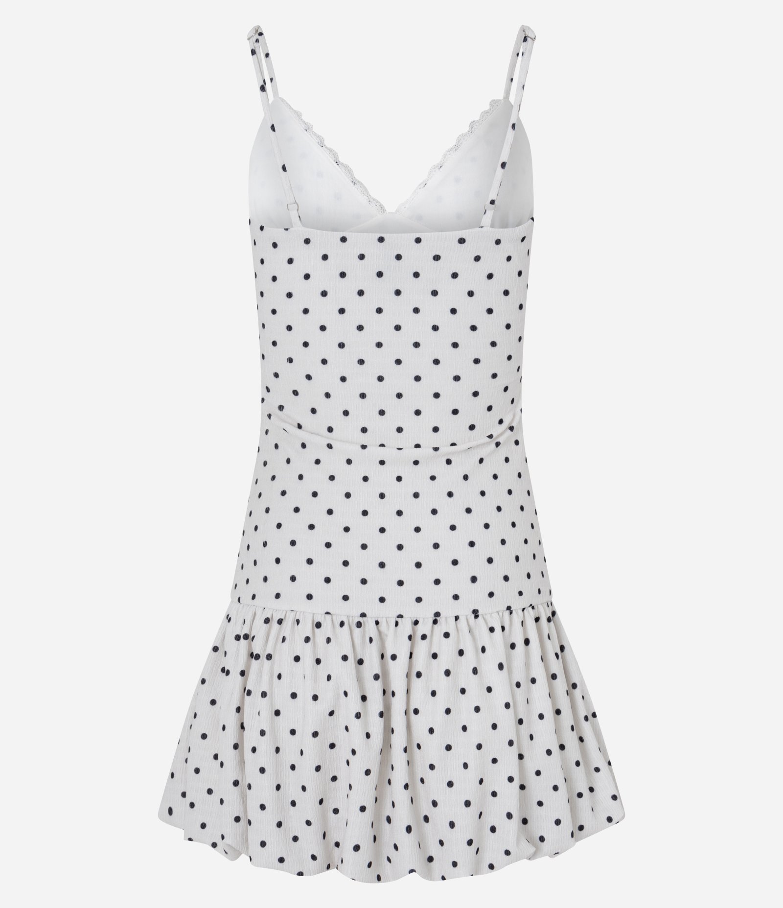 Vestido Curto Balonê de Alcinha em Anarruga com Estampa Poá Branco 6