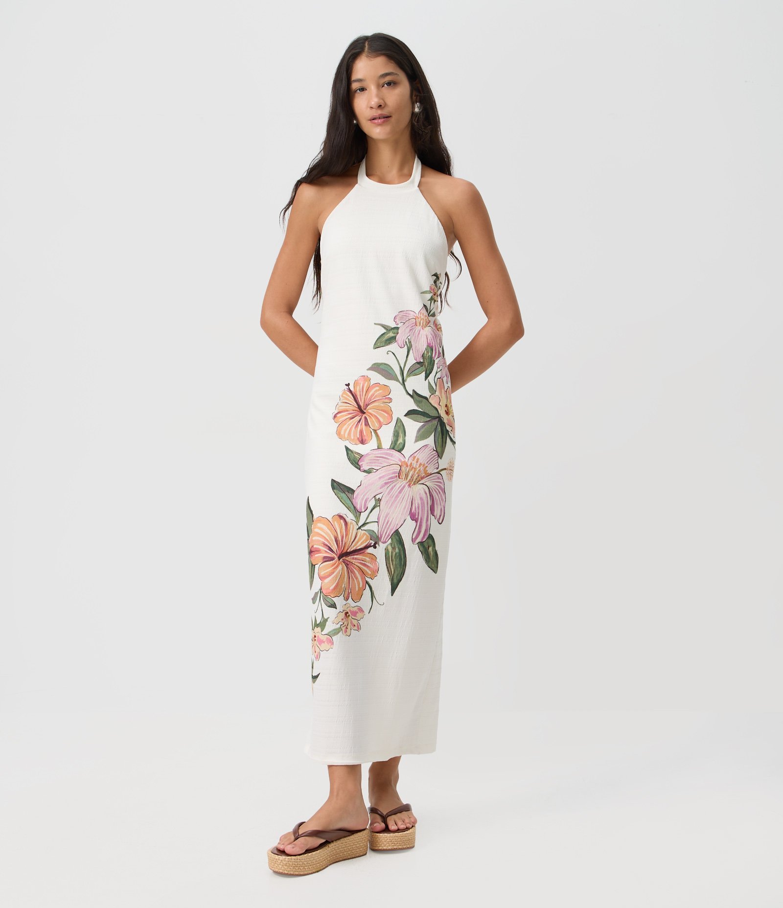 Vestido Midi Texturizado com Gola Halter e Estampa Floral Branco 1