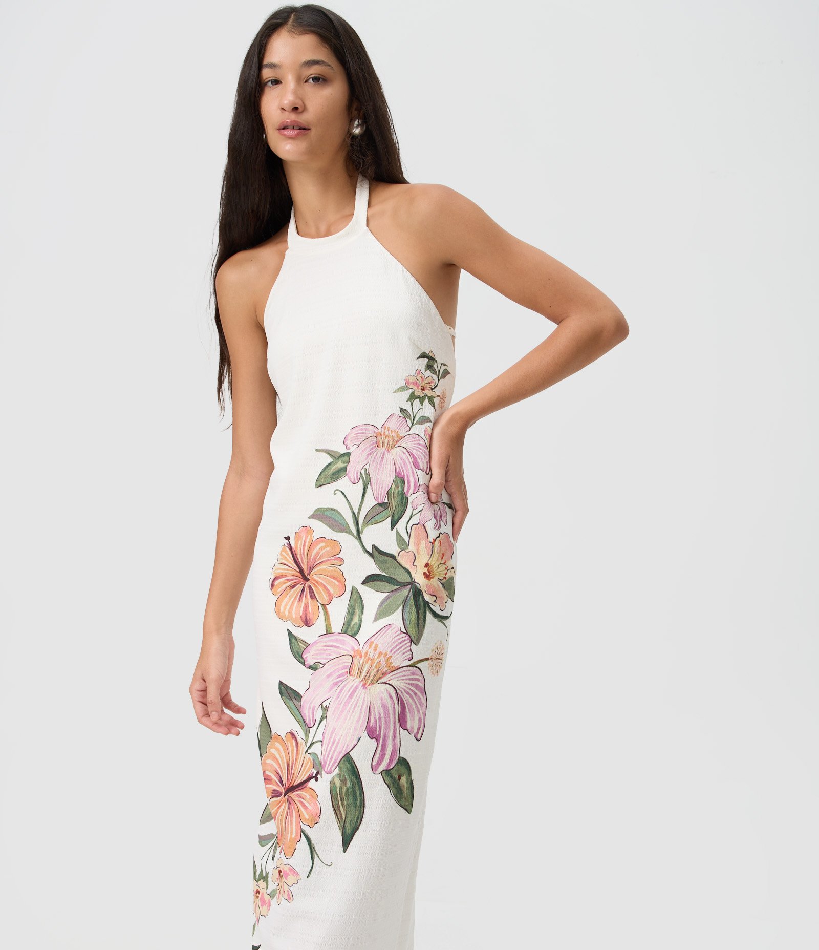 Vestido Midi Texturizado com Gola Halter e Estampa Floral Branco 2