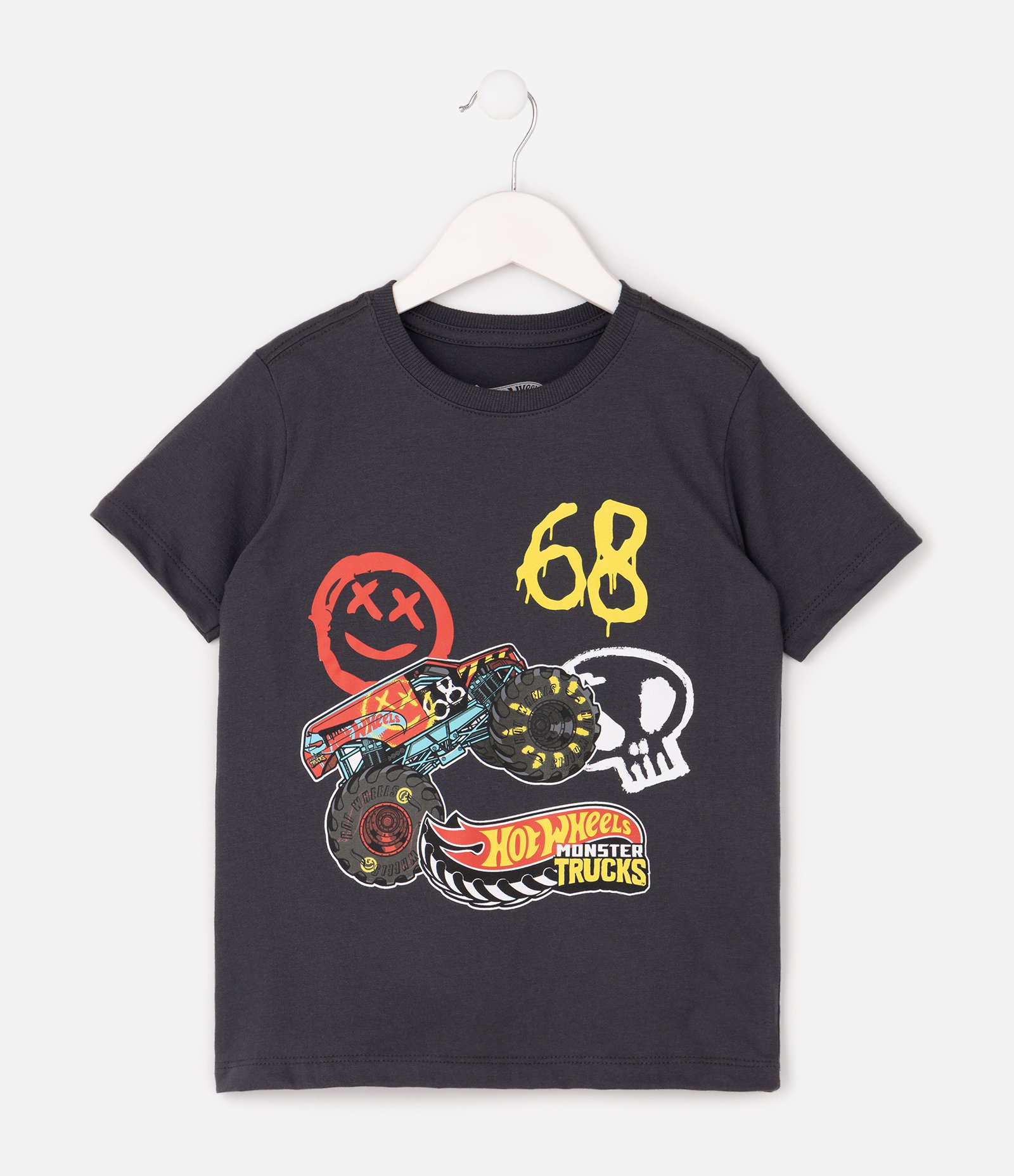 Camiseta Infantil em Algodão Hot Wheels Monster Trucks - Tam 4 a 10 Anos Cinza 1