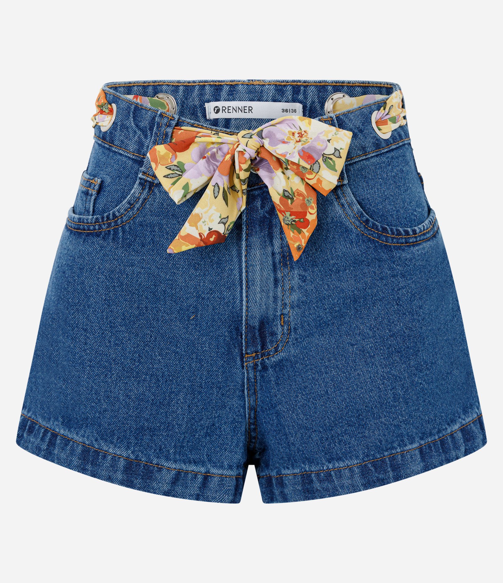Short em Jeans com Cintura Alta Lenço e Ilhós Azul 6