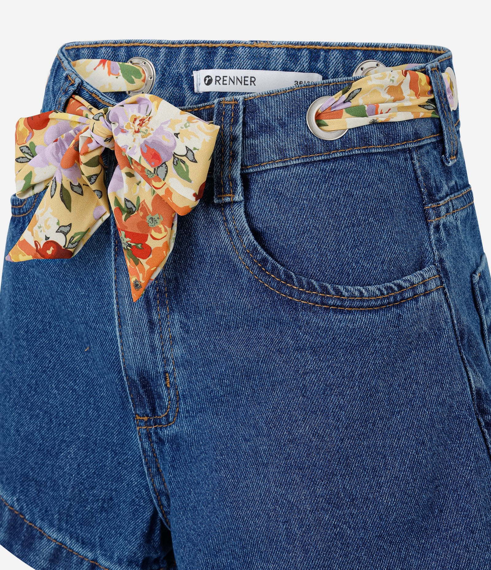 Short em Jeans com Cintura Alta Lenço e Ilhós Azul 7