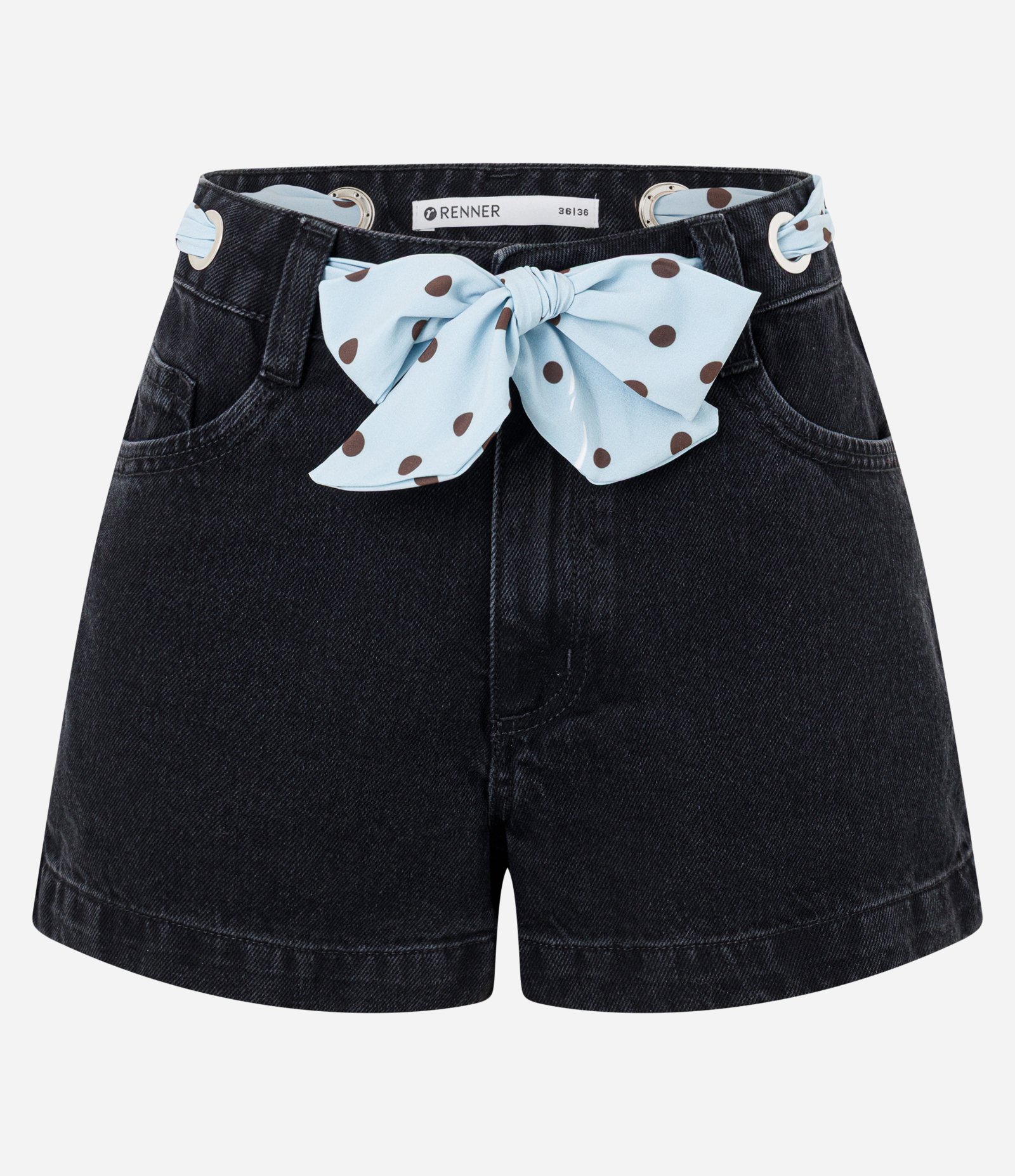 Short em Jeans com Cintura Alta Lenço e Ilhós Preto 6