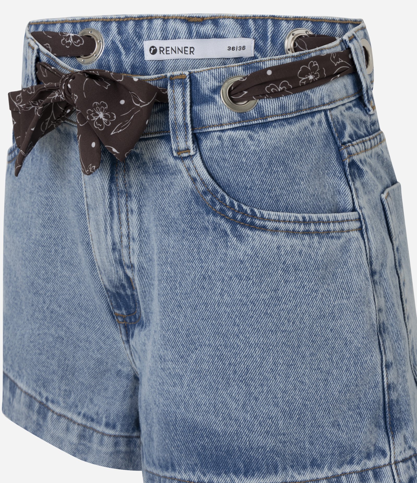 Short em Jeans com Cintura Alta Lenço e Ilhós Azul Claro 6