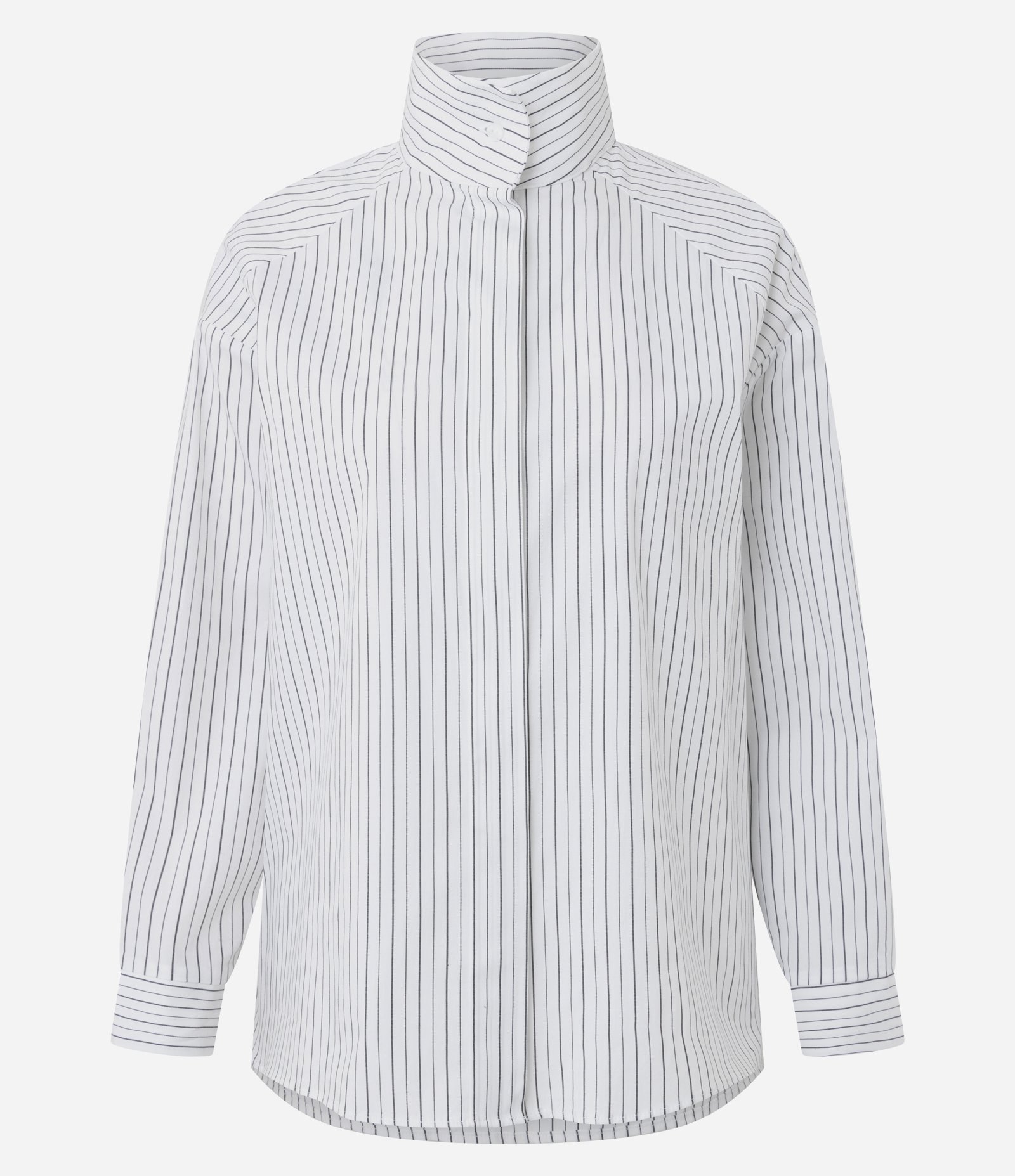 Camisa em Tricoline Listrada com Gola Alta e Vista Escondida Branco/Cinza 5