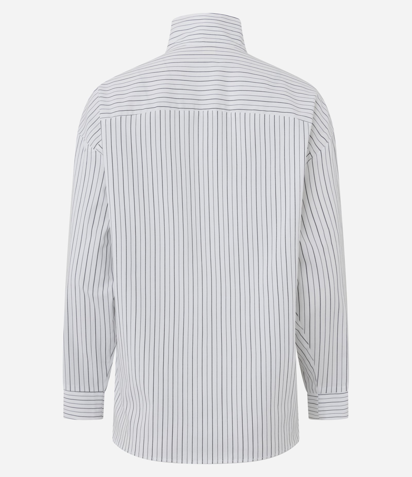 Camisa em Tricoline Listrada com Gola Alta e Vista Escondida Branco/Cinza 6