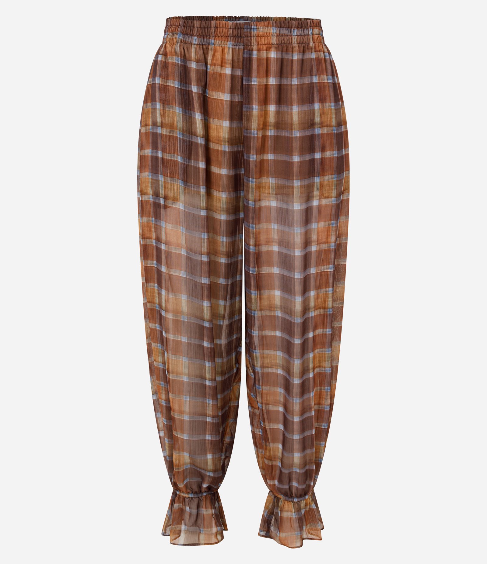 Calça Aladim em Chiffon Xadrez com Franzido no Tornozelo Marrom 5
