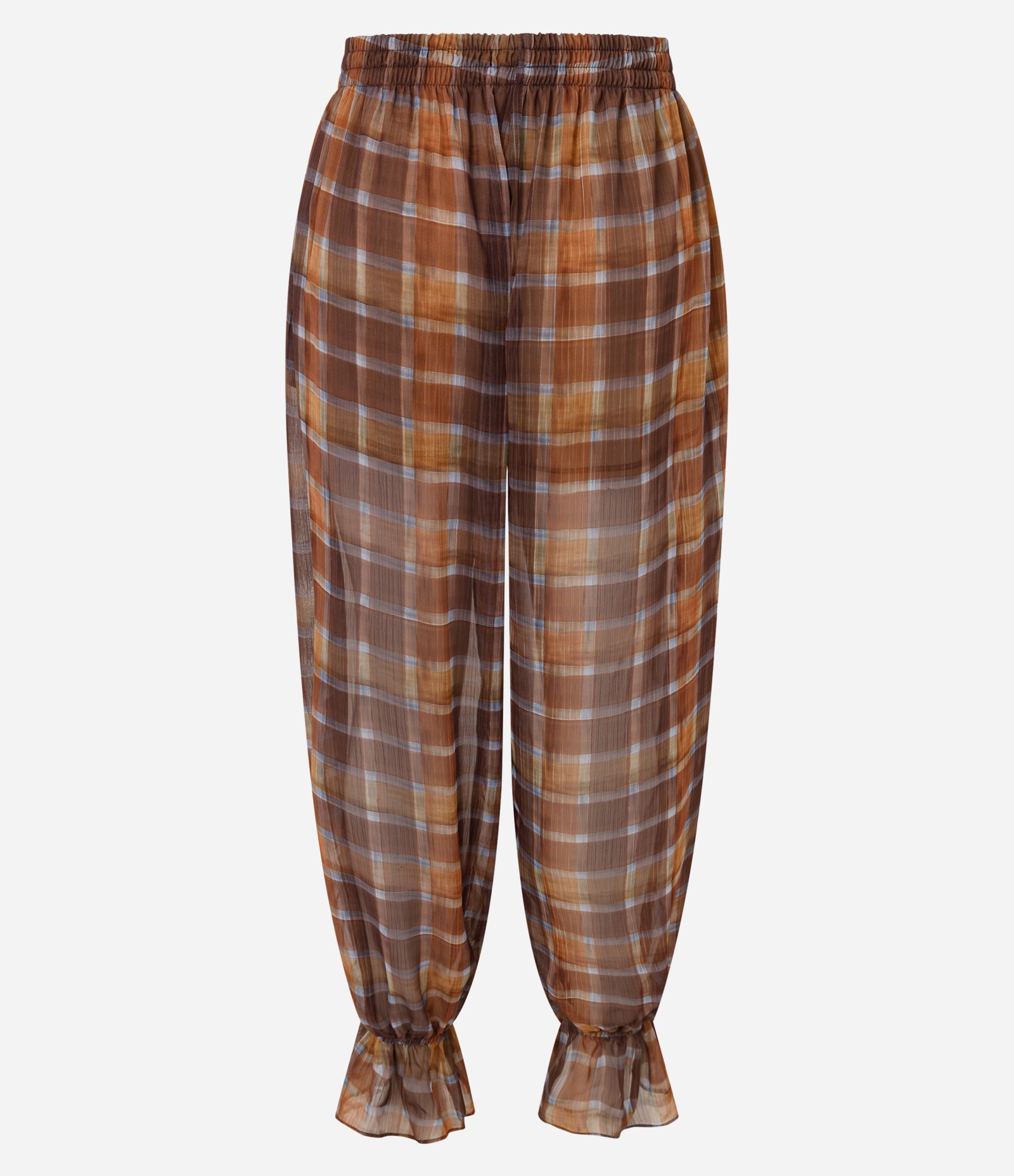 Calça Aladim em Chiffon Xadrez com Franzido no Tornozelo Marrom 6