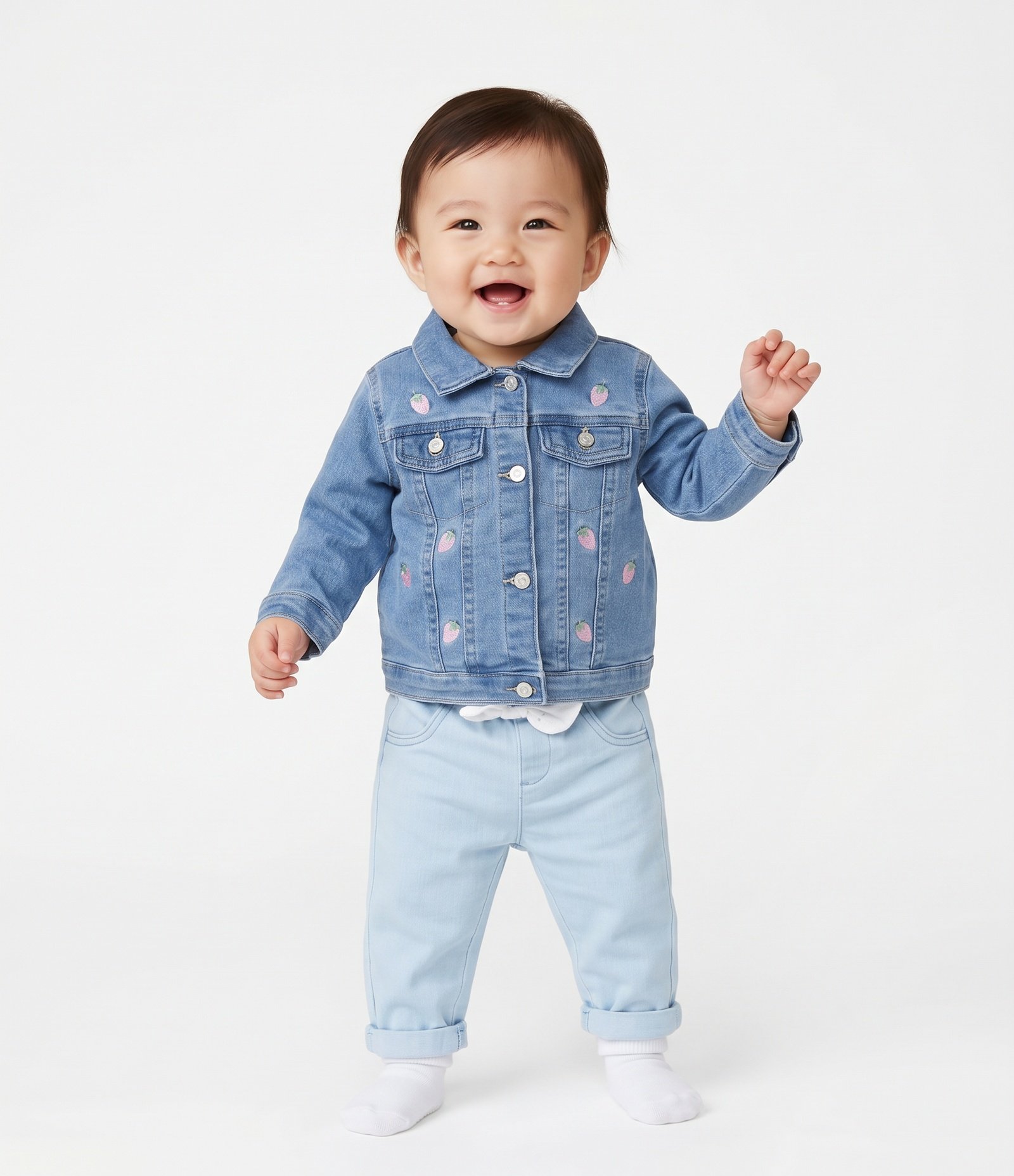 Jaqueta Bebê em Jeans com Bordado de Moranguinhos - Tam 0 a 18 Meses Azul 2
