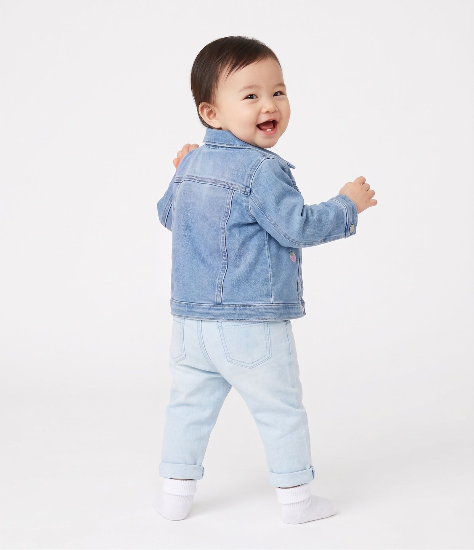 Jaqueta Bebê em Jeans com Bordado de Moranguinhos - Tam 0 a 18 Meses Azul 3