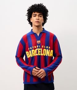 Camiseta Boxy FC Barcelona Listrada com Gola Polo