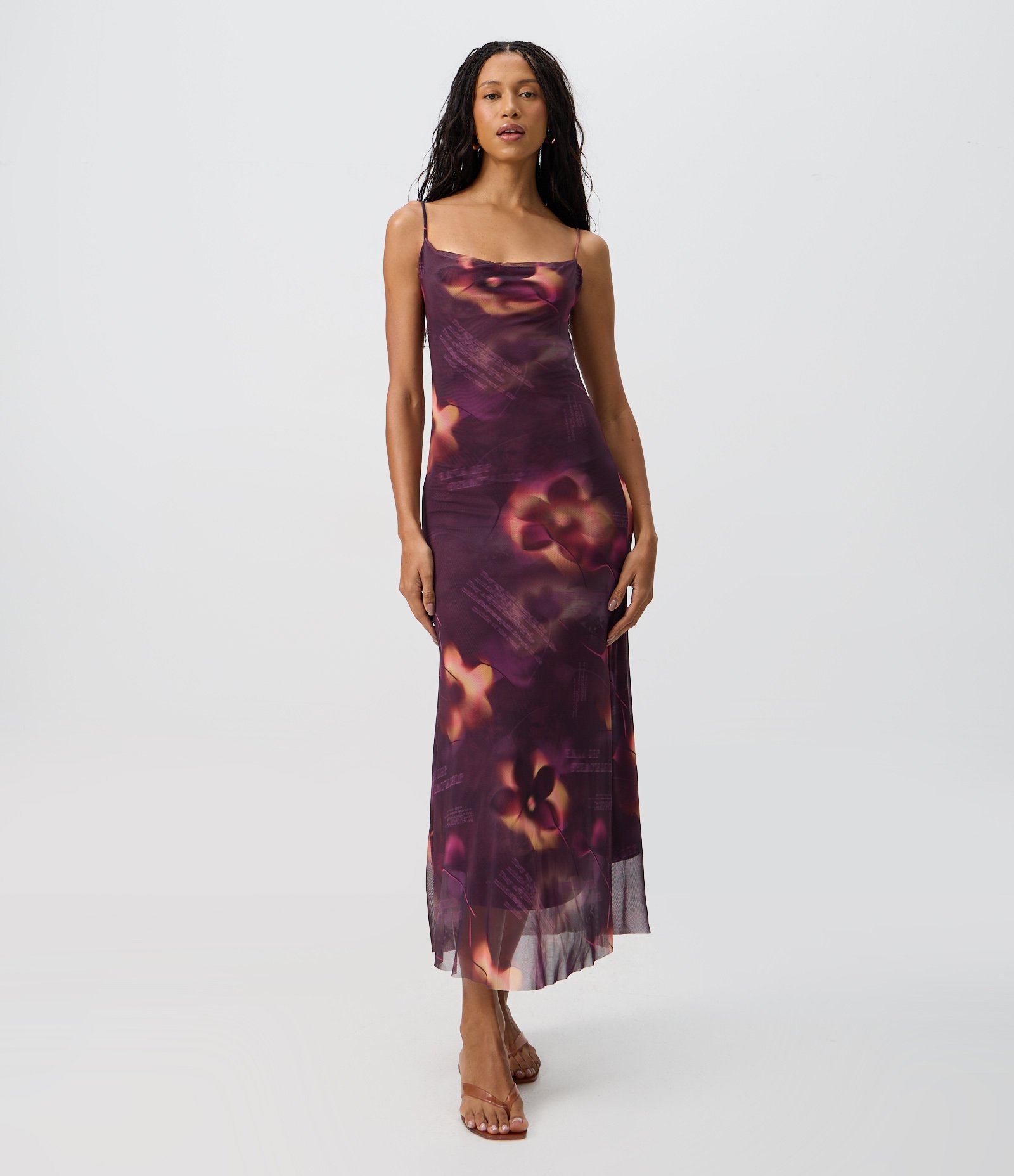 Vestido Midi em Tule Estampado com Costas Abertas e Amarração Roxo 1
