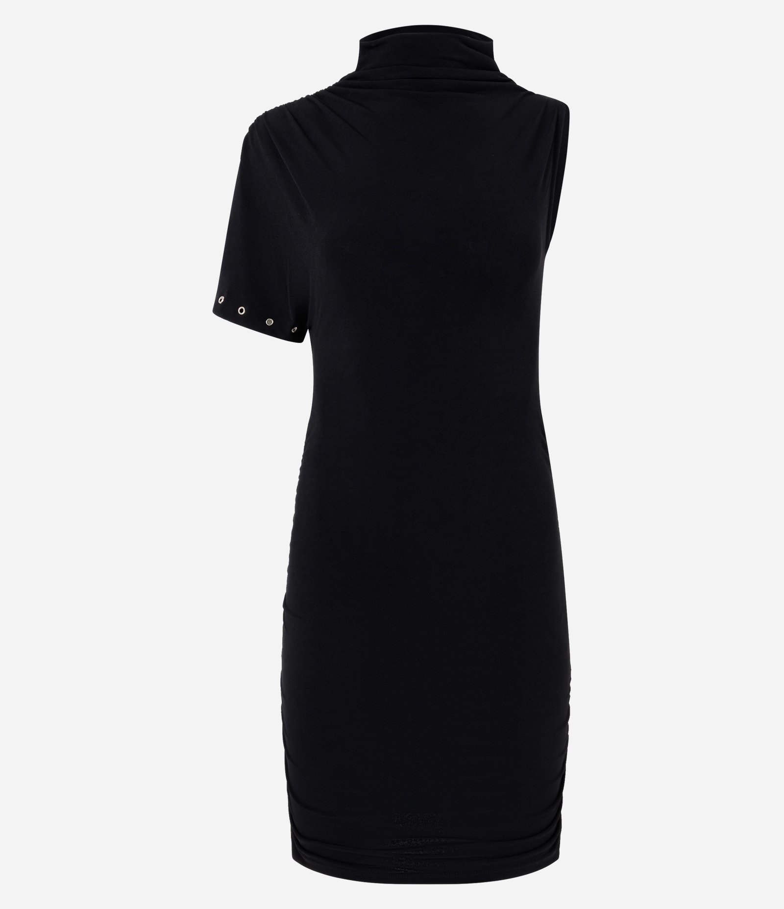 Vestido Ombro Único em Microfibra com Detalhes em Ilhós nas Mangas Preto 5