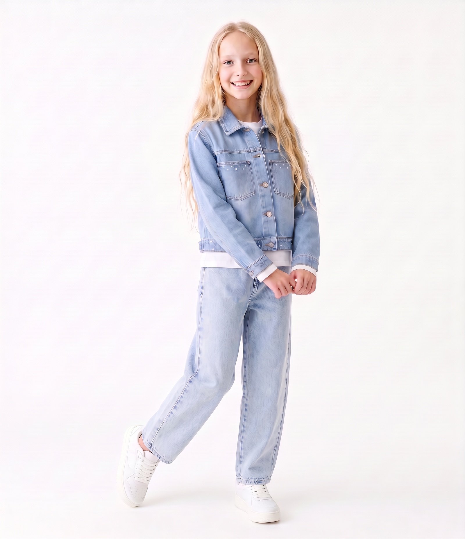 Jaqueta Jeans Infantil com Strass -Tam 5 a 16 Anos Azul 1