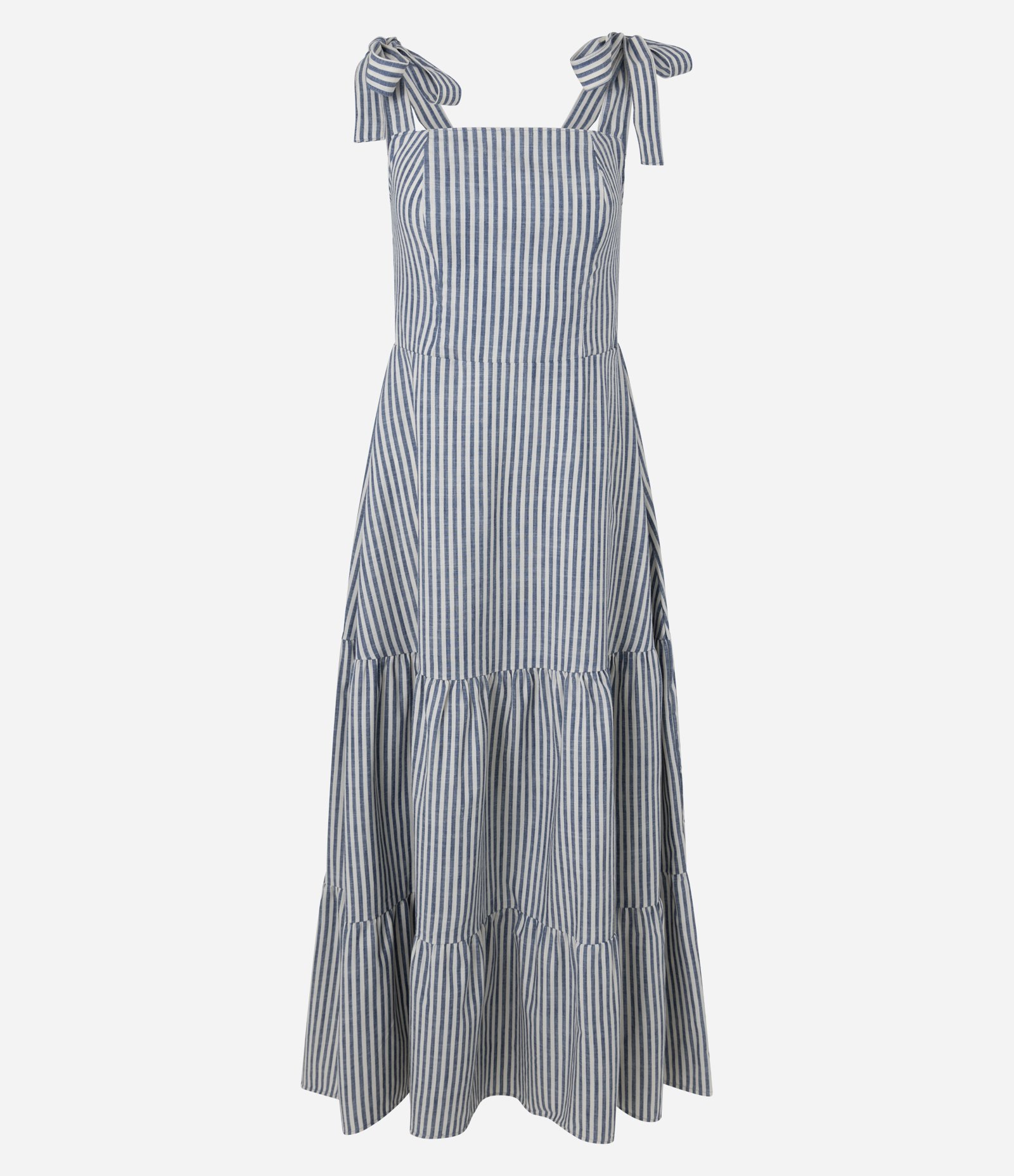 Vestido Longo em Sarja com Laço na Alça e Listras Azul 5