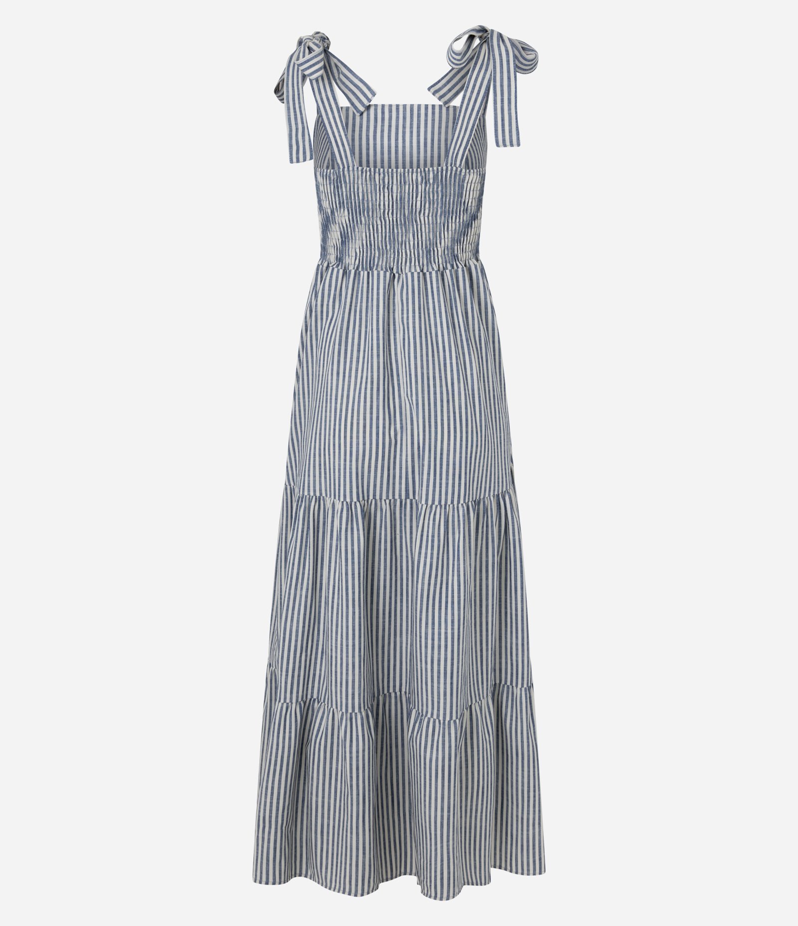 Vestido Longo em Sarja com Laço na Alça e Listras Azul 6