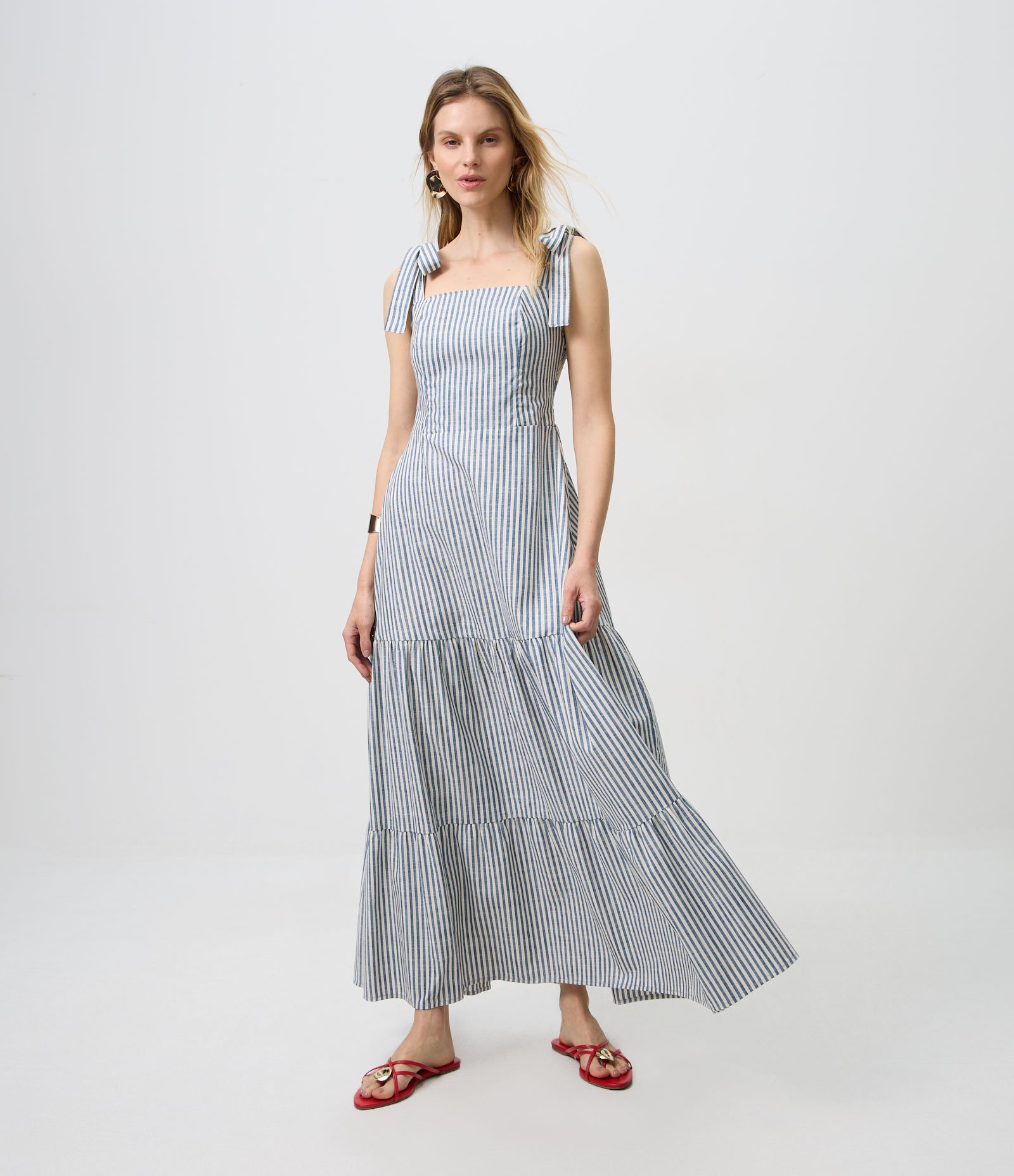 Vestido Longo em Sarja com Laço na Alça e Listras Azul 1