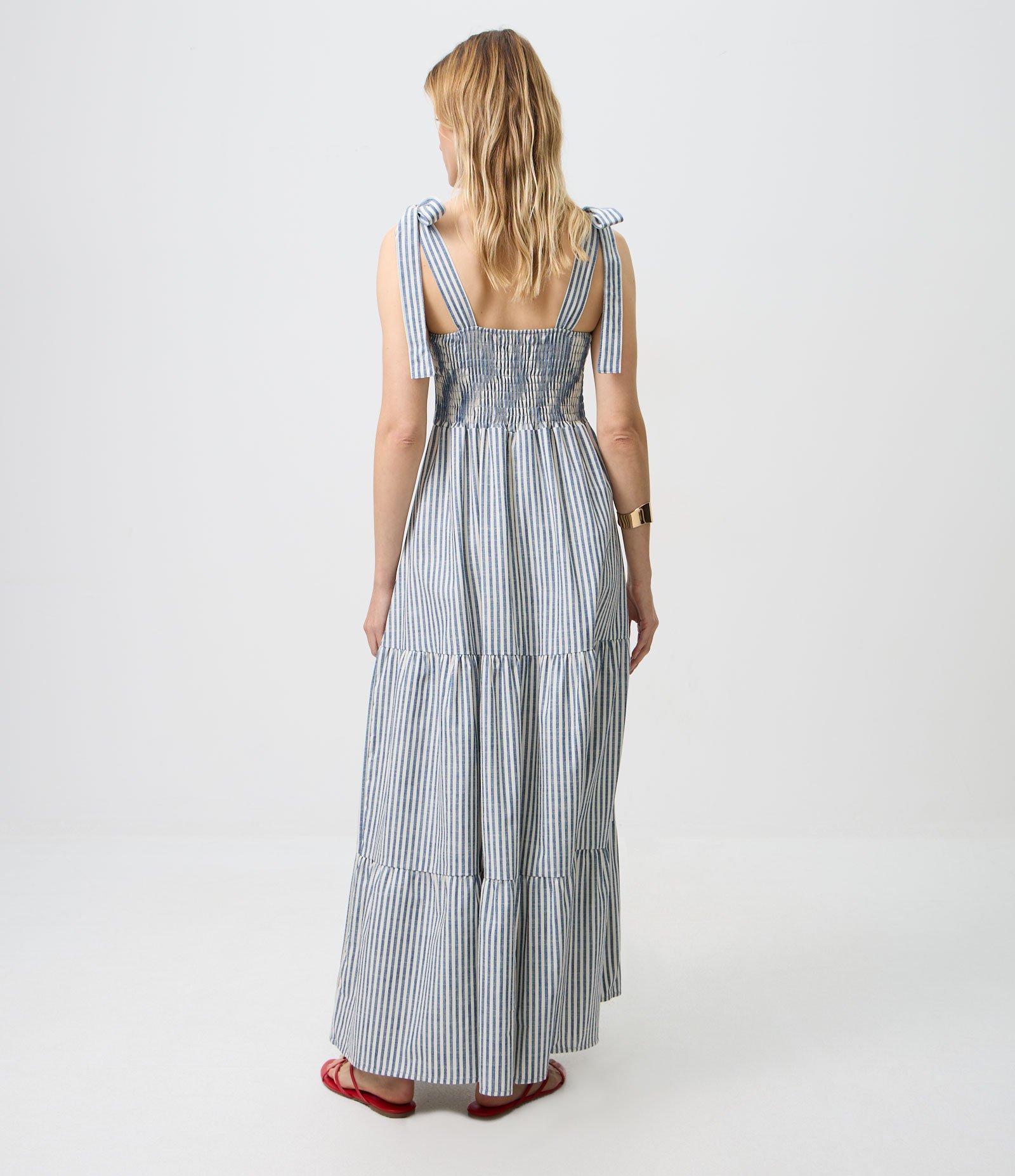 Vestido Longo em Sarja com Laço na Alça e Listras Azul 4