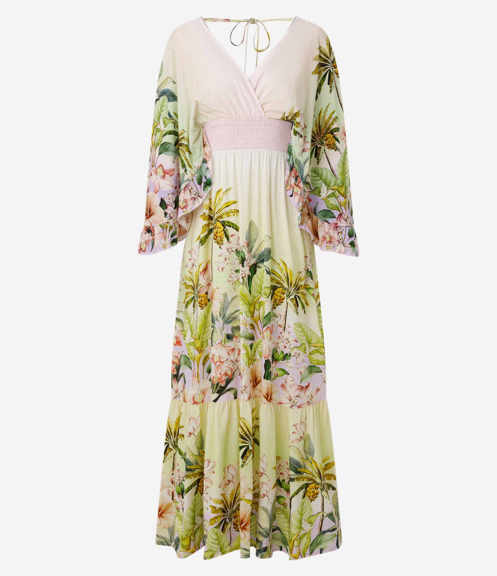 Vestido Long Midi com Estampa Tropical e Cintura Franzida Rosa 1