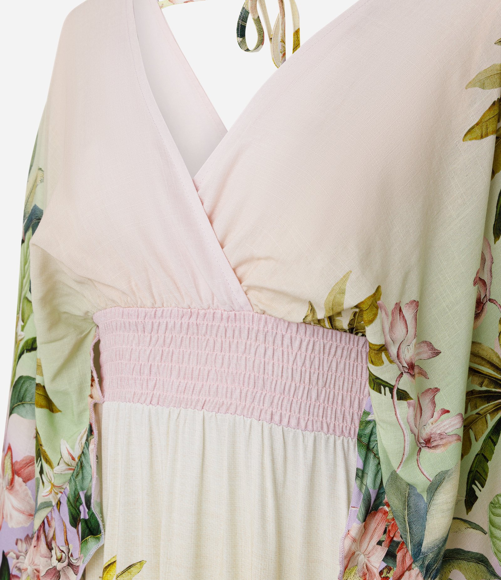 Vestido Long Midi com Estampa Tropical e Cintura Franzida Rosa 2