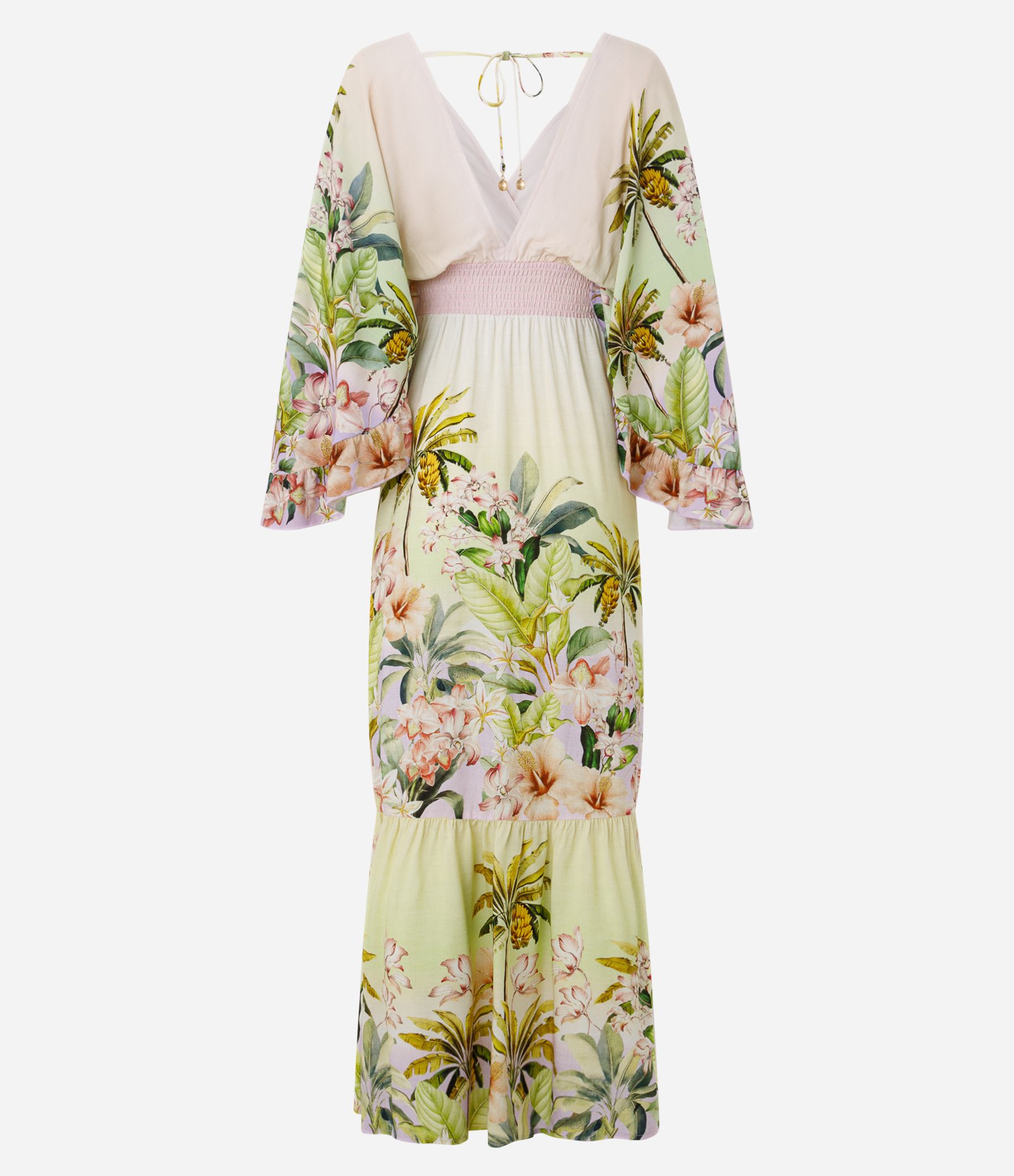 Vestido Long Midi com Estampa Tropical e Cintura Franzida Rosa 3