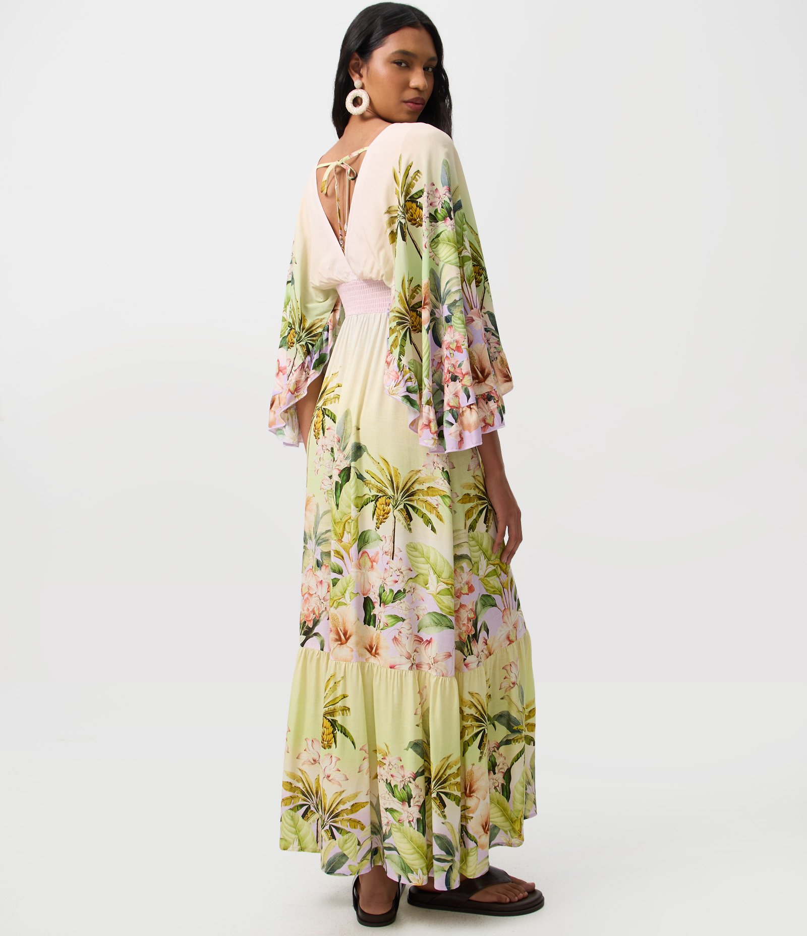 Vestido Long Midi com Estampa Tropical e Cintura Franzida Rosa 1