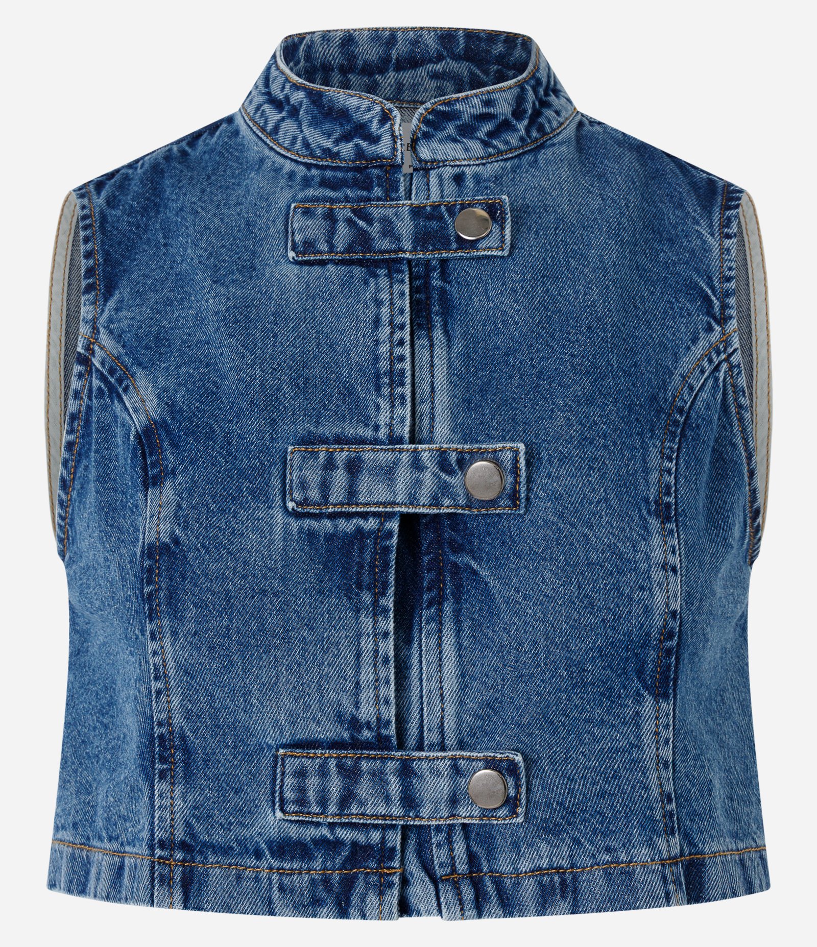 Blusa Cropped em Jeans com Gola Mandarim e Botões Frontais Azul 5