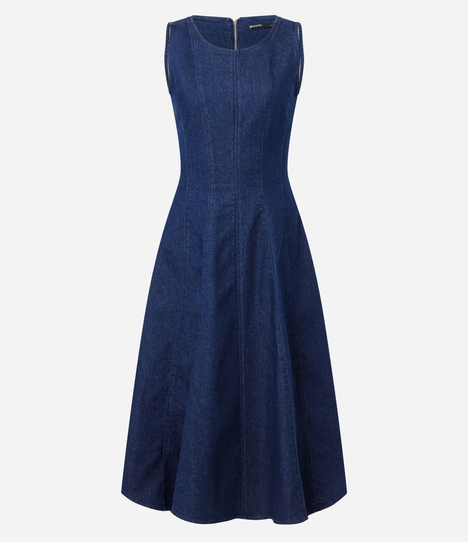 Vestido Midi em Jeans com Recortes e Gola Redonda Azul 1