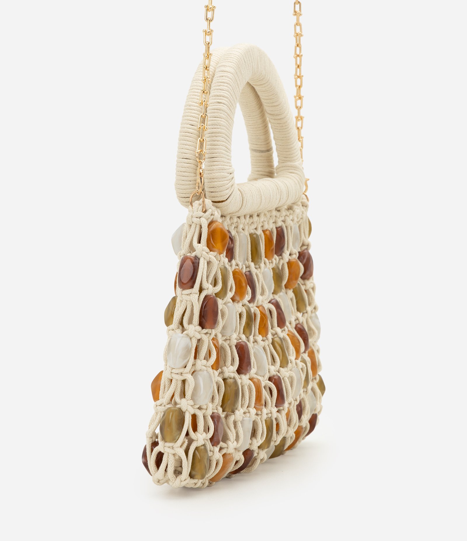 Bolsa Média em Macramê com Miçangas e Alça Longa Removível Off White 2