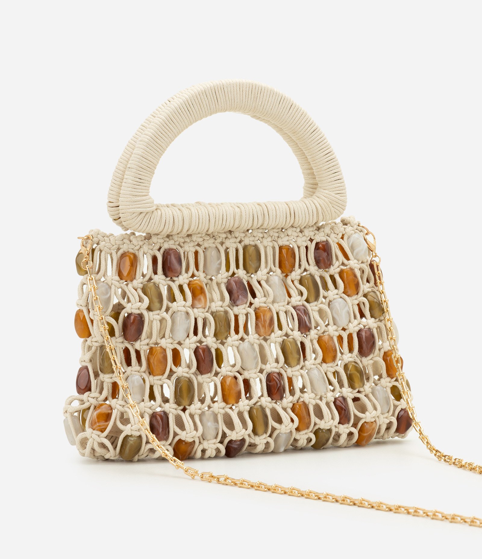 Bolsa Média em Macramê com Miçangas e Alça Longa Removível Off White 3