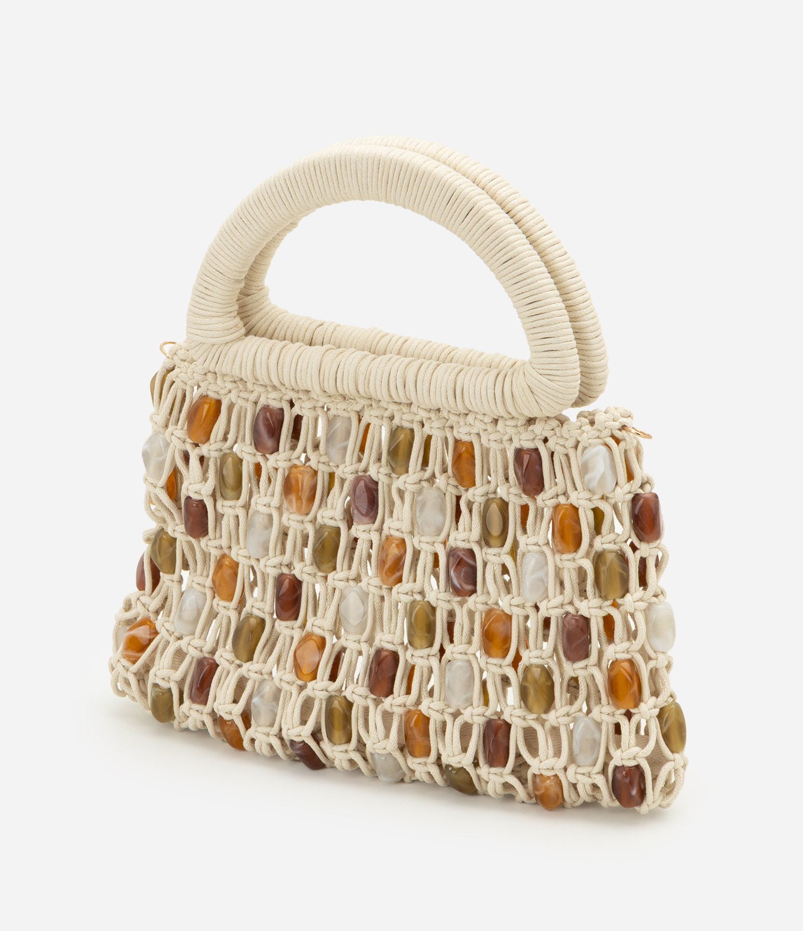 Bolsa Média em Macramê com Miçangas e Alça Longa Removível Off White 4