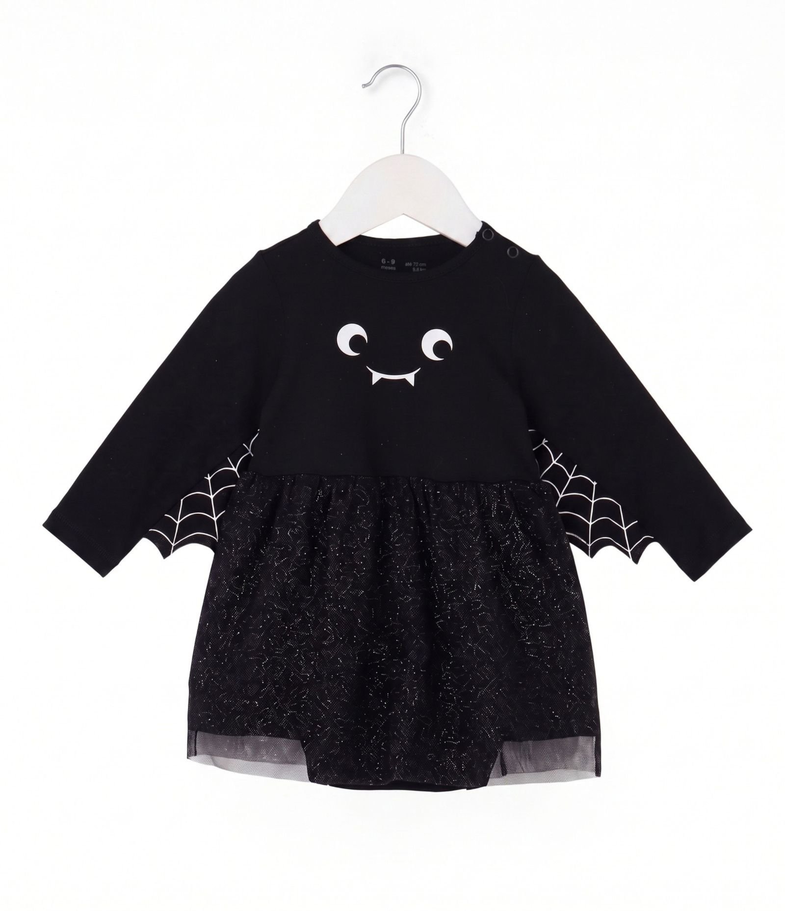 Vestido Body Bebê em Tule com Estampa Morceguinha - Tam 0 a 18 Meses Preto 4