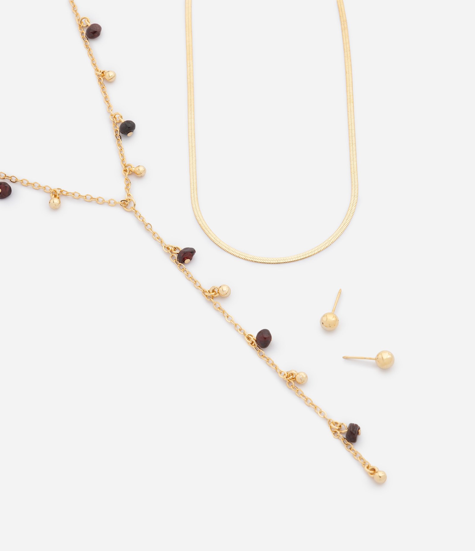 Conjunto de Colar Camadas com Pedras e Brincos de Esfera Dourado 1