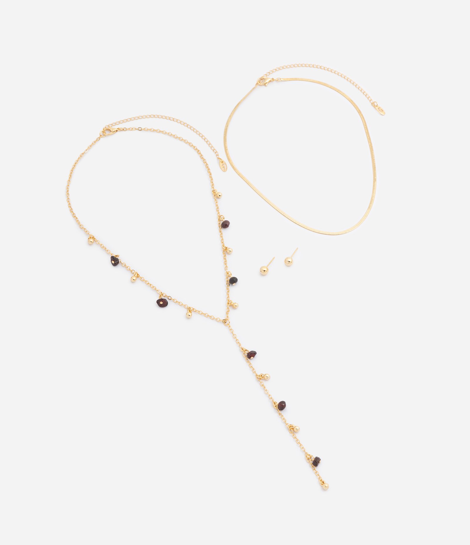 Conjunto de Colar Camadas com Pedras e Brincos de Esfera Dourado 2