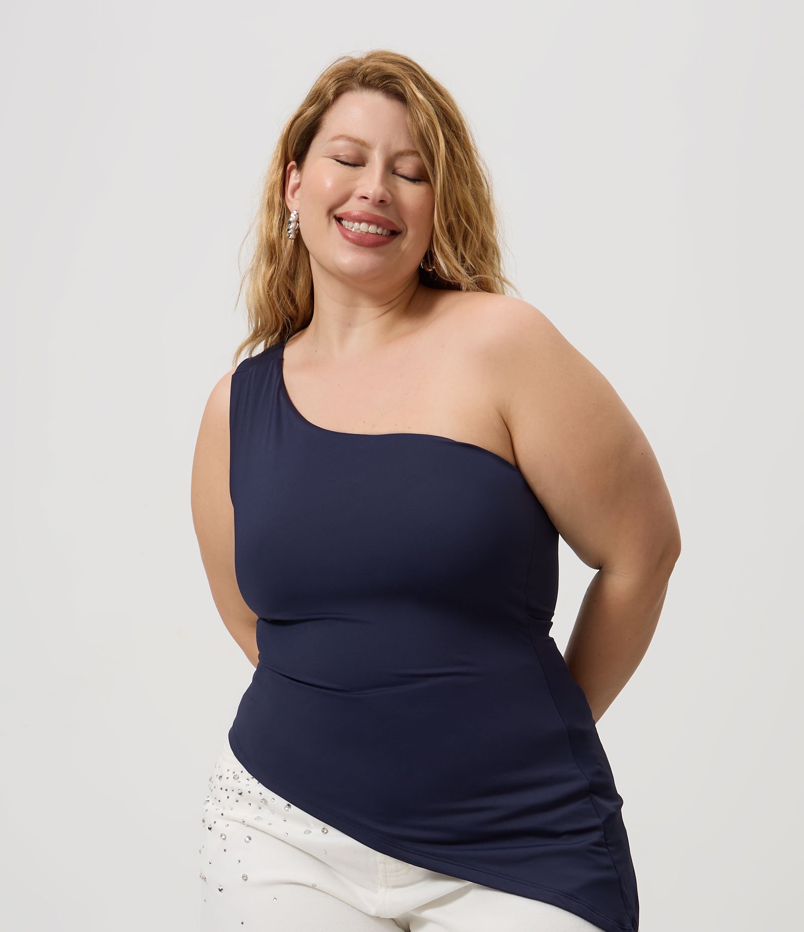 Blusa Ombro Só em Poliamida com Barra Assimétrica Curve & Plus Size Azul 1