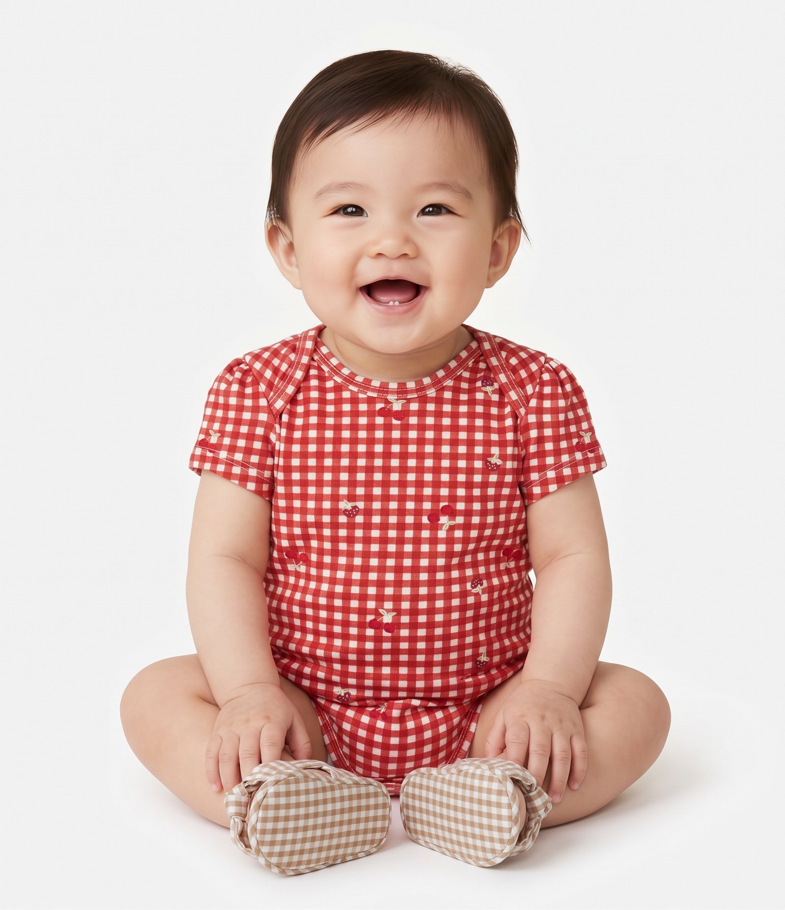 Body Infantil Em Algodão Xadrez Vichy com Mini Cerejas - Tam RN a 18 Meses Vermelho 1