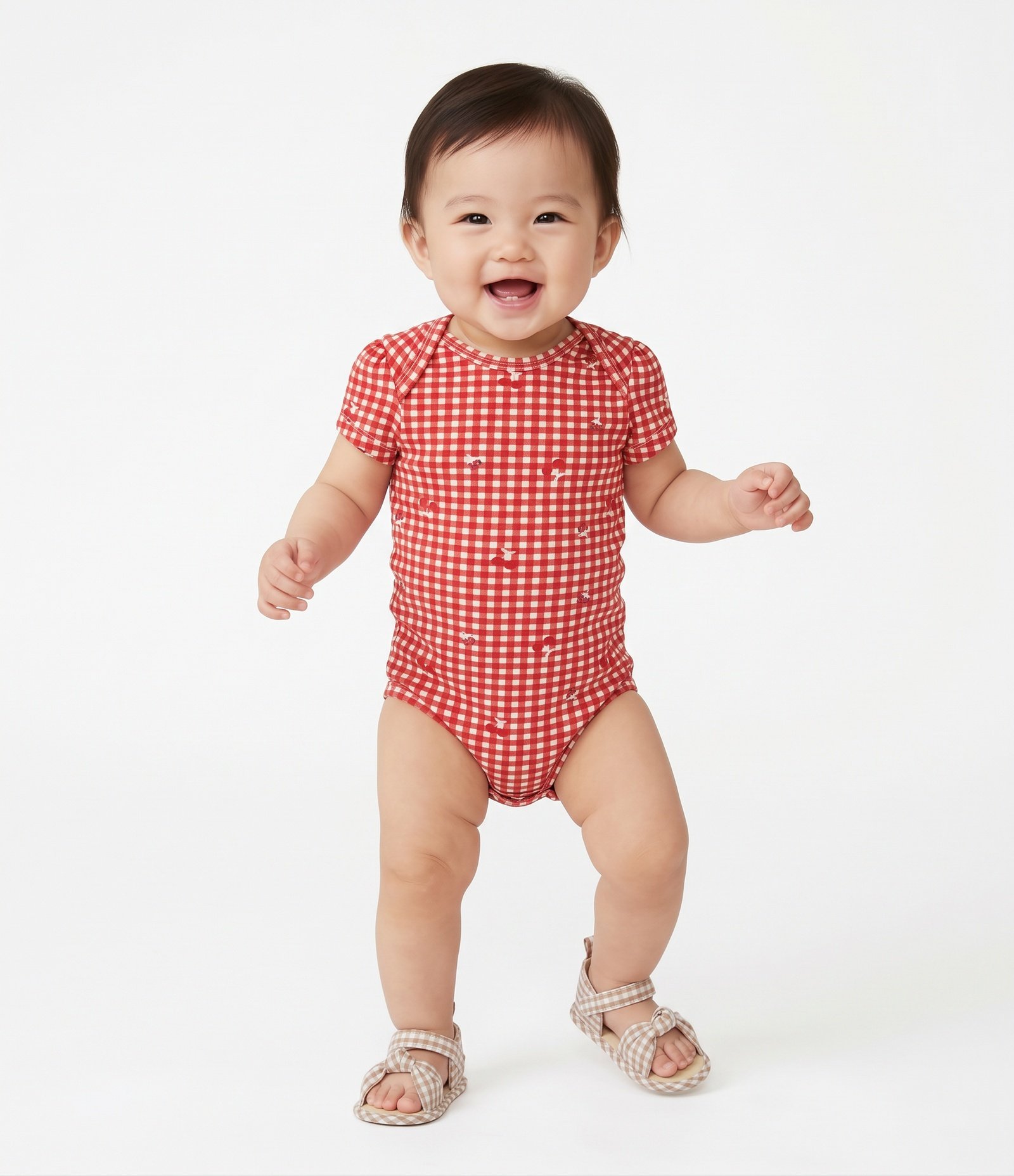 Body Infantil Em Algodão Xadrez Vichy com Mini Cerejas - Tam RN a 18 Meses Vermelho 2