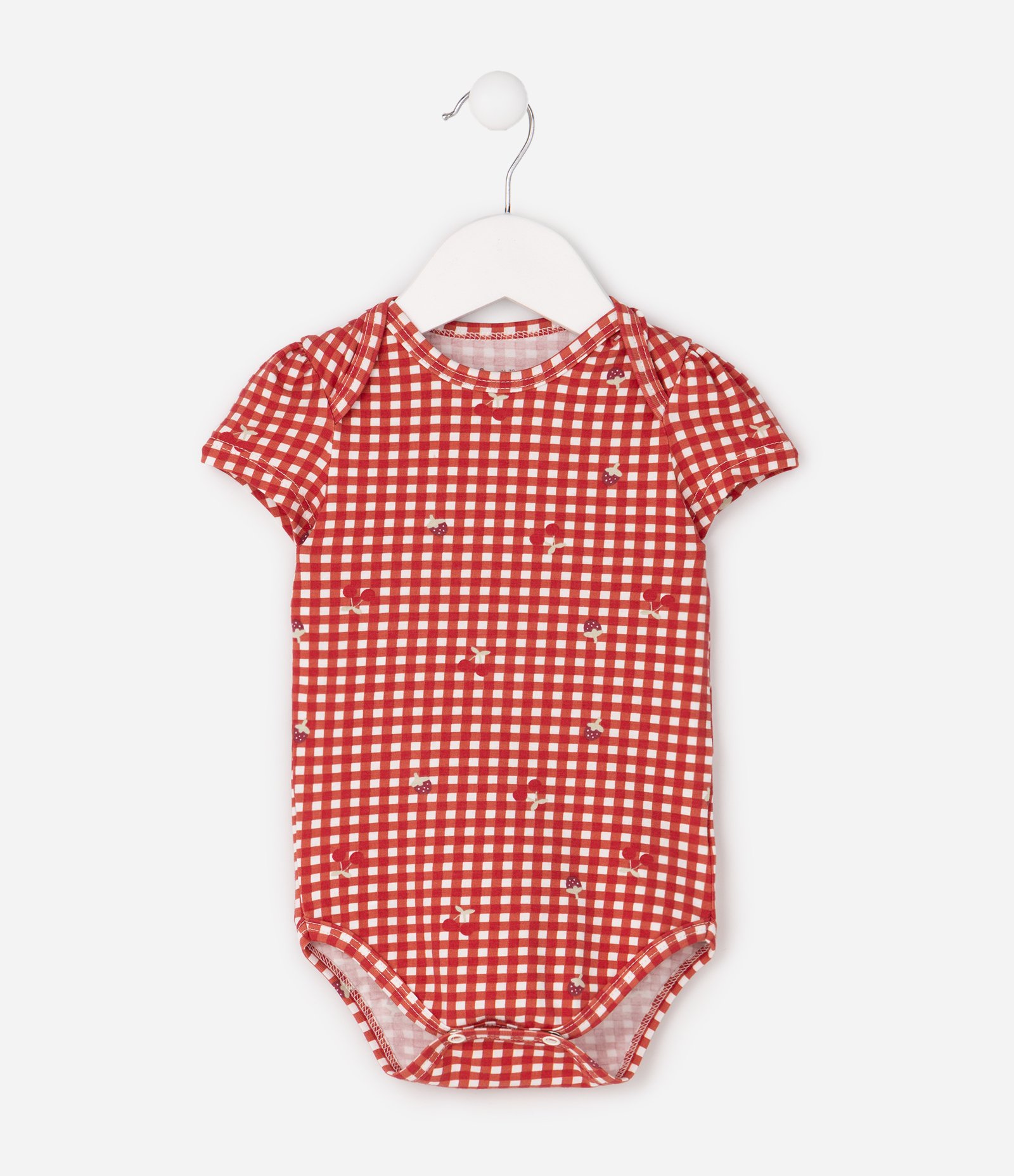 Body Infantil Em Algodão Xadrez Vichy com Mini Cerejas - Tam RN a 18 Meses Vermelho 3