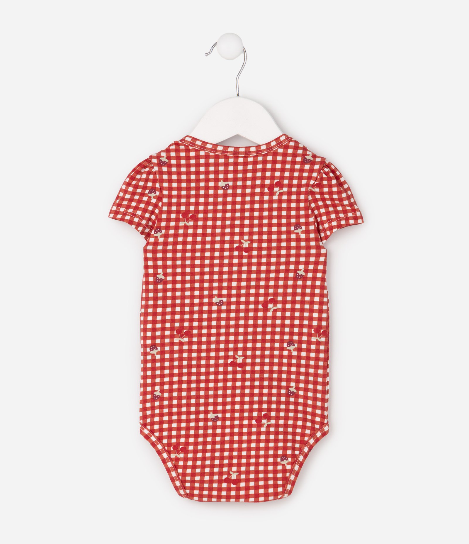 Body Infantil Em Algodão Xadrez Vichy com Mini Cerejas - Tam RN a 18 Meses Vermelho 4