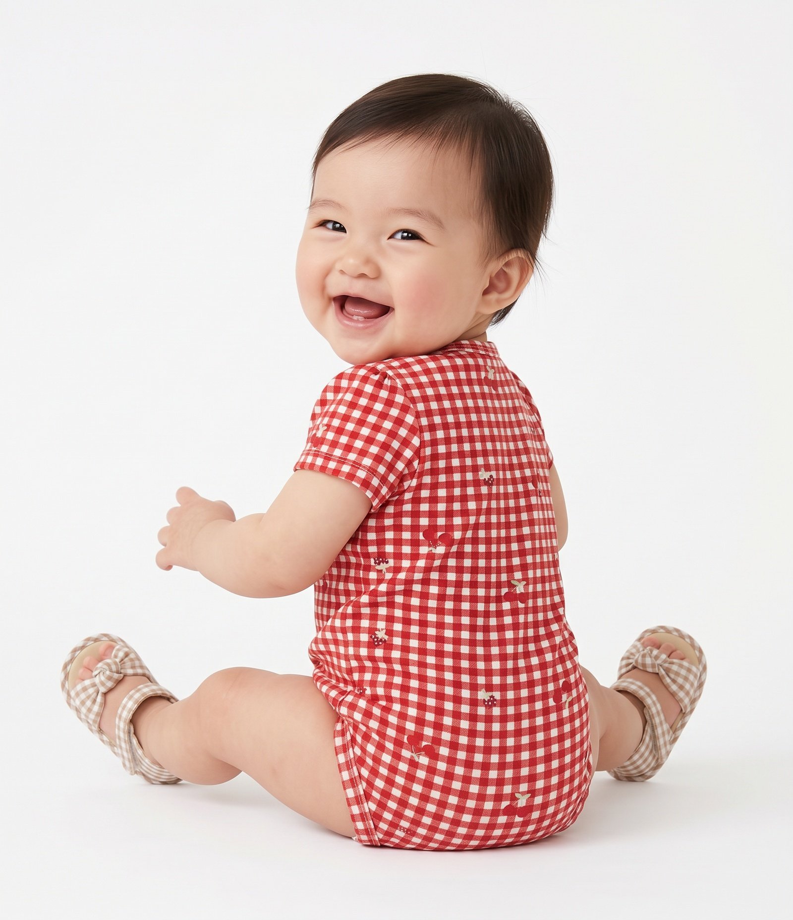 Body Infantil Em Algodão Xadrez Vichy com Mini Cerejas - Tam RN a 18 Meses Vermelho 7