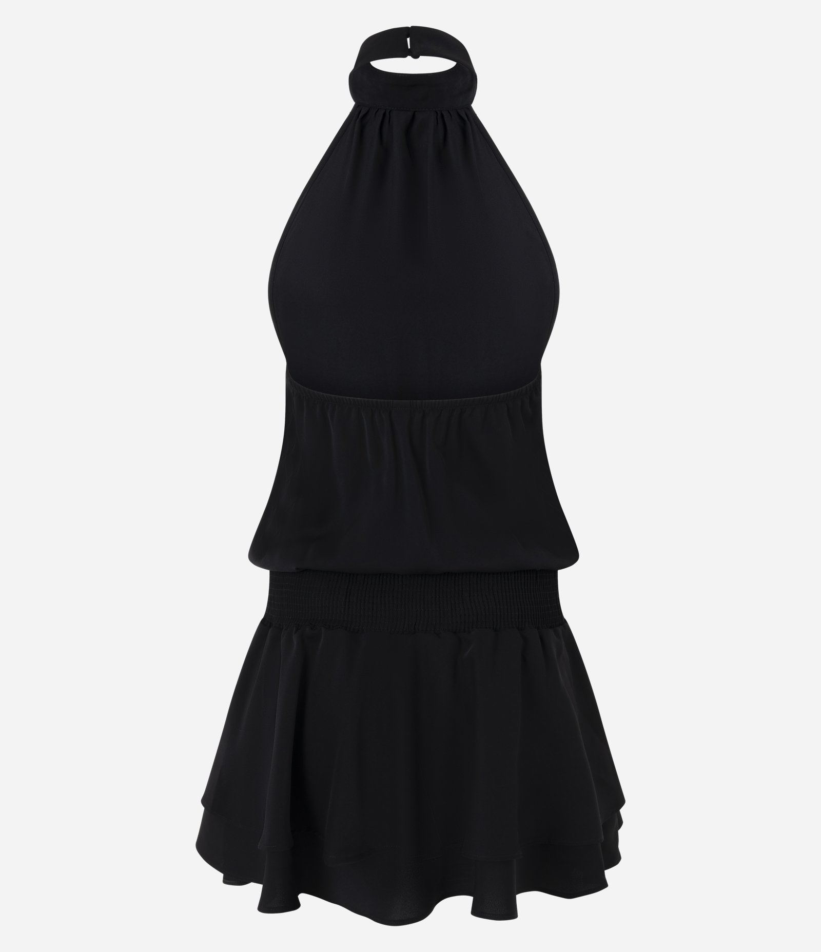 Vestido Curto Alfaiatado Halter com Babados Preto 4