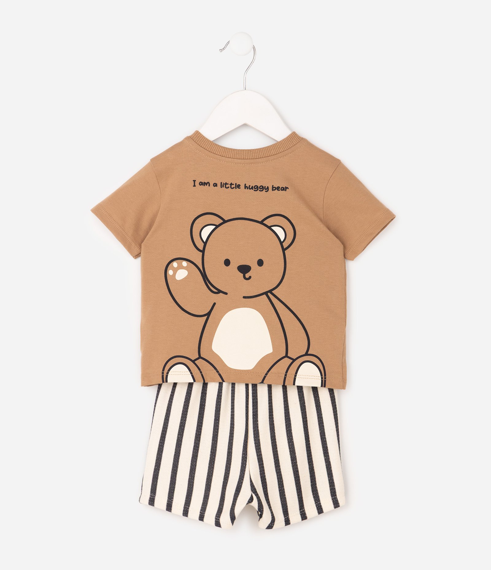 Conjunto Infantil Em Algodão Urso nas Costas com Bermuda Listrada - Tam 0 a 18 Meses Bege 2